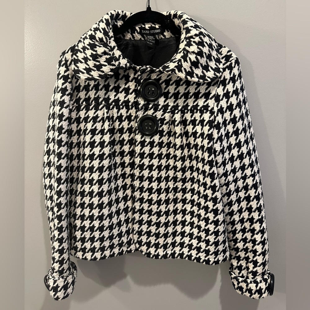Vintage Sand Studio Houndstooth Jacket Black Buttons Bow Size S